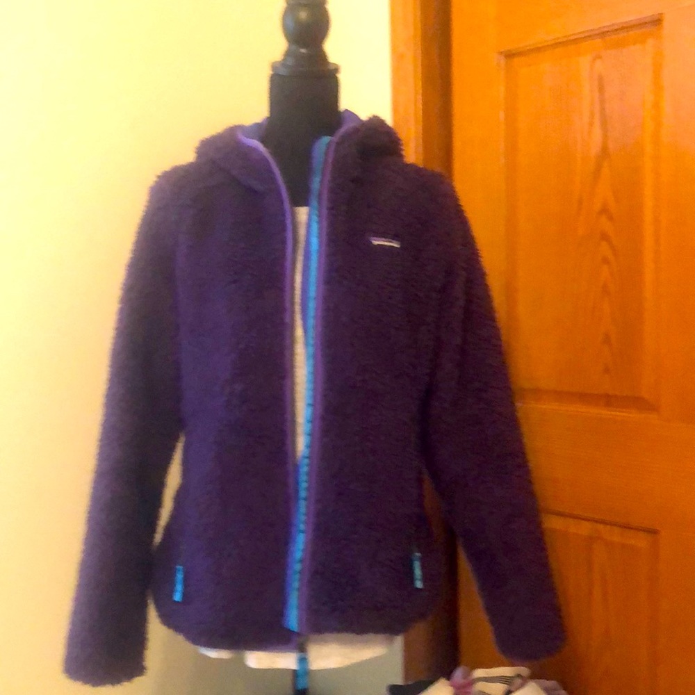 Patagonia lined jacket w/hood. Purple, very warm.  Only worn a few times